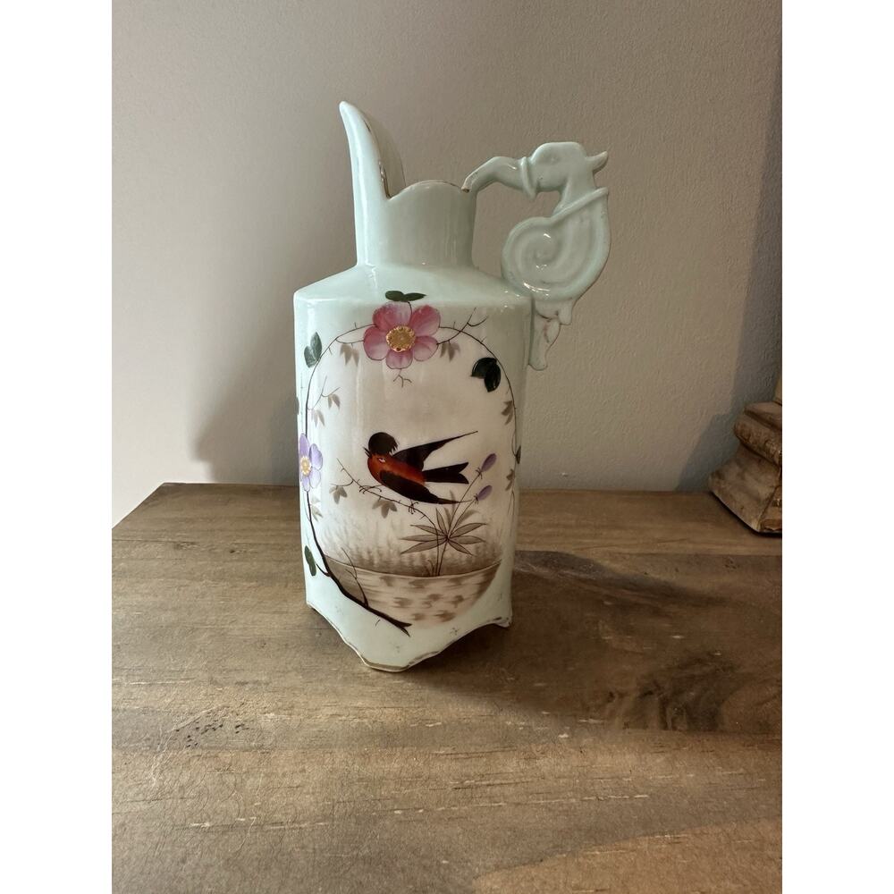 VTG Chinese Hand Painted Floral Ceramic Pitcher Creamer With Birds 6”T